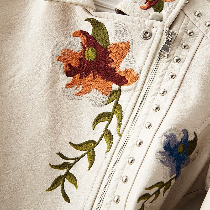 Ettie | Embroidered Faux Leather Moto Jacket With Studs