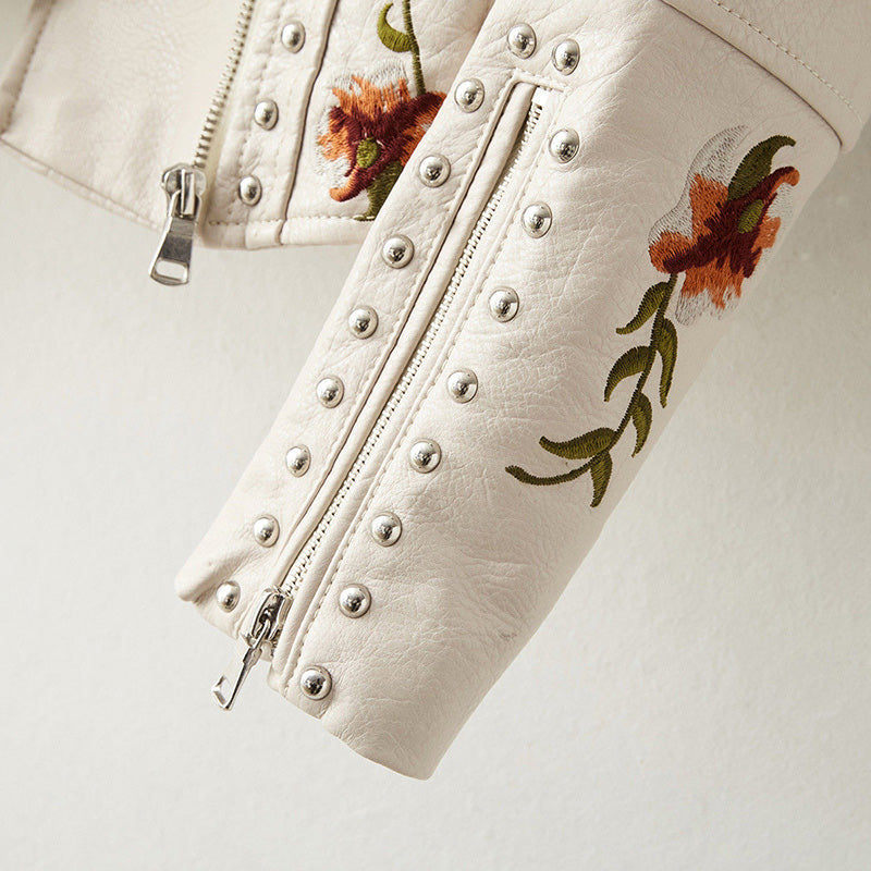 Ettie | Embroidered Faux Leather Moto Jacket With Studs