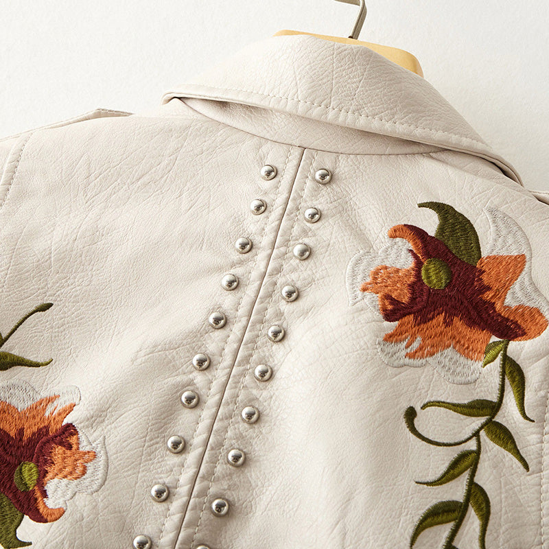 Ettie | Embroidered Faux Leather Moto Jacket With Studs