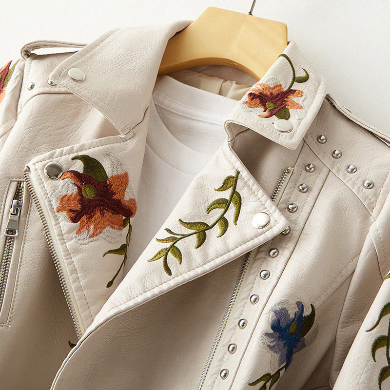 Ettie | Embroidered Faux Leather Moto Jacket With Studs