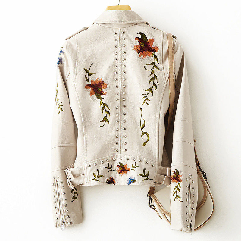 Ettie | Embroidered Faux Leather Moto Jacket With Studs