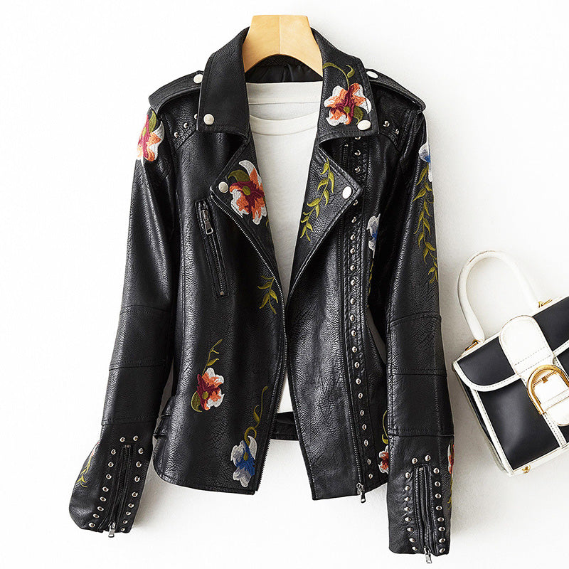 Ettie | Embroidered Faux Leather Moto Jacket With Studs