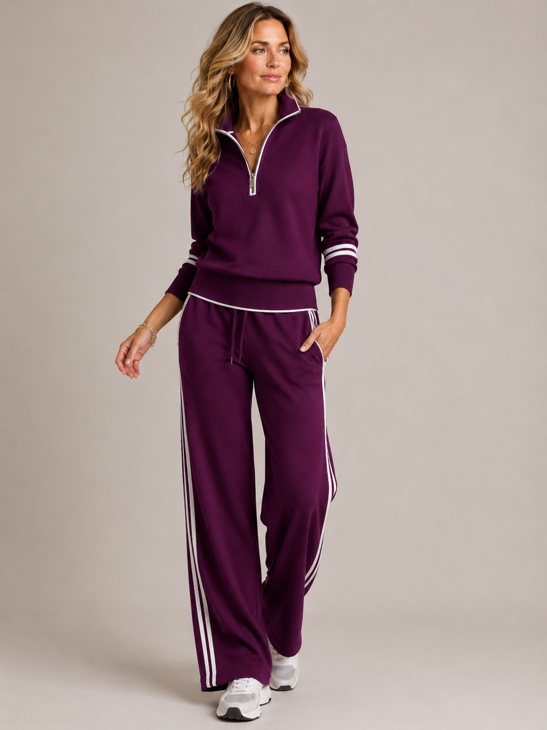 Renata | Knit Quarter-Zip Sweater And Wide-Leg Pants Set