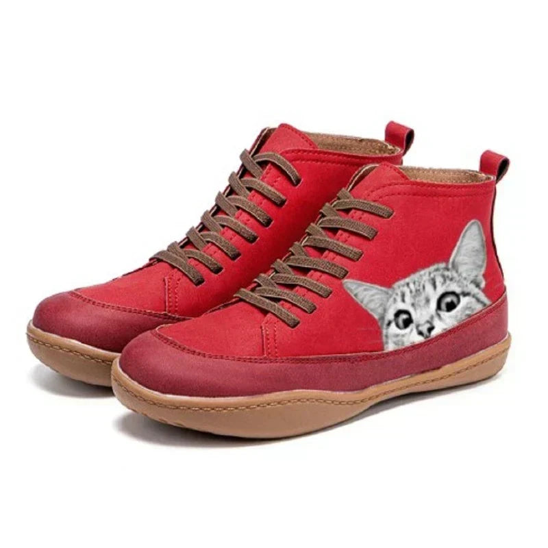 Tamsin | Lace-Up Ankle Boots With Cat Print