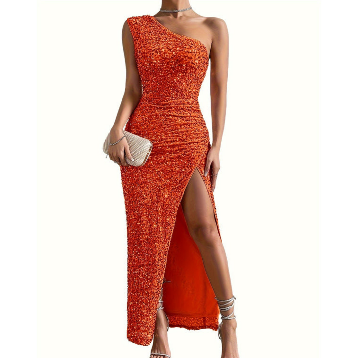 Susanna | One-Shoulder Glitter Maxi Dress With Slit