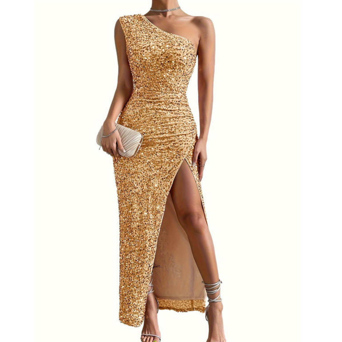Susanna | One-Shoulder Glitter Maxi Dress With Slit
