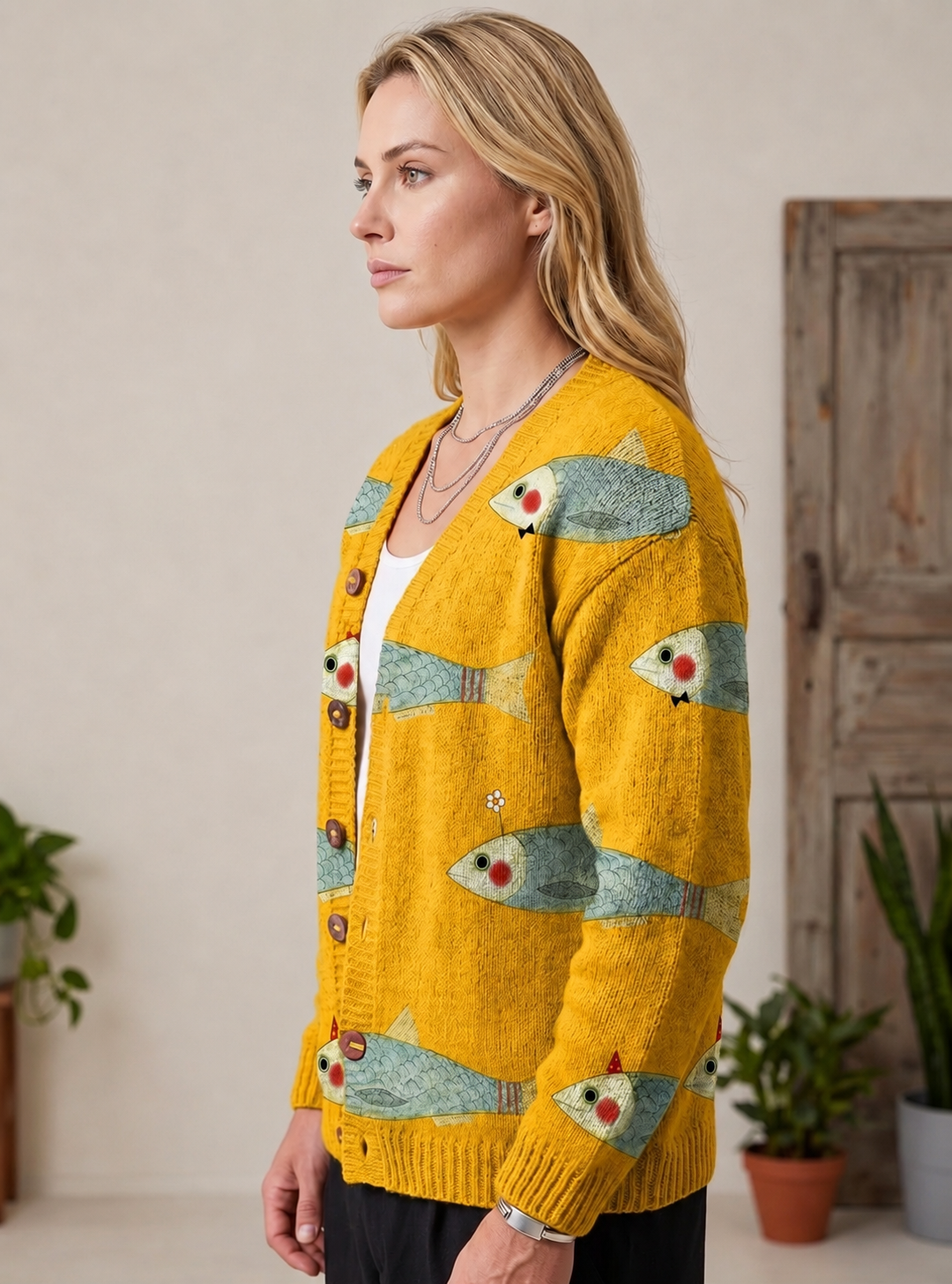 Sylvia | Fish Print Button-Front Cardigan