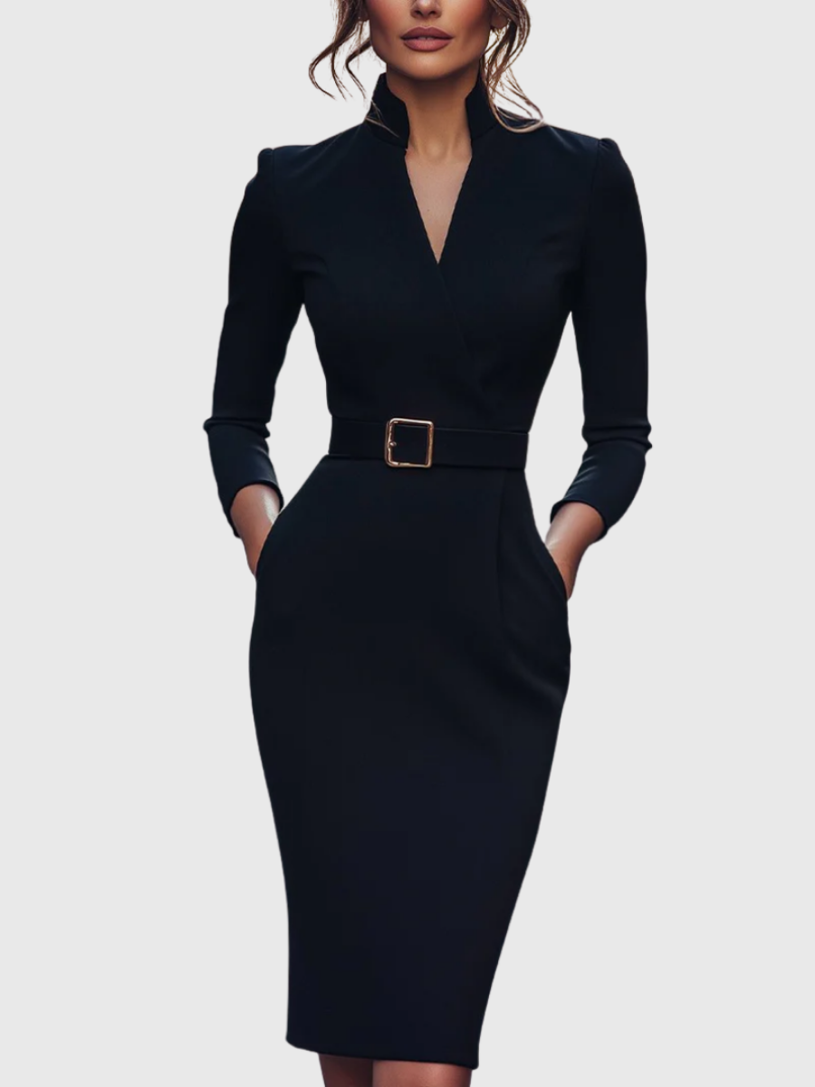 Alba | Belted Midi Pencil Dress With V-Neck