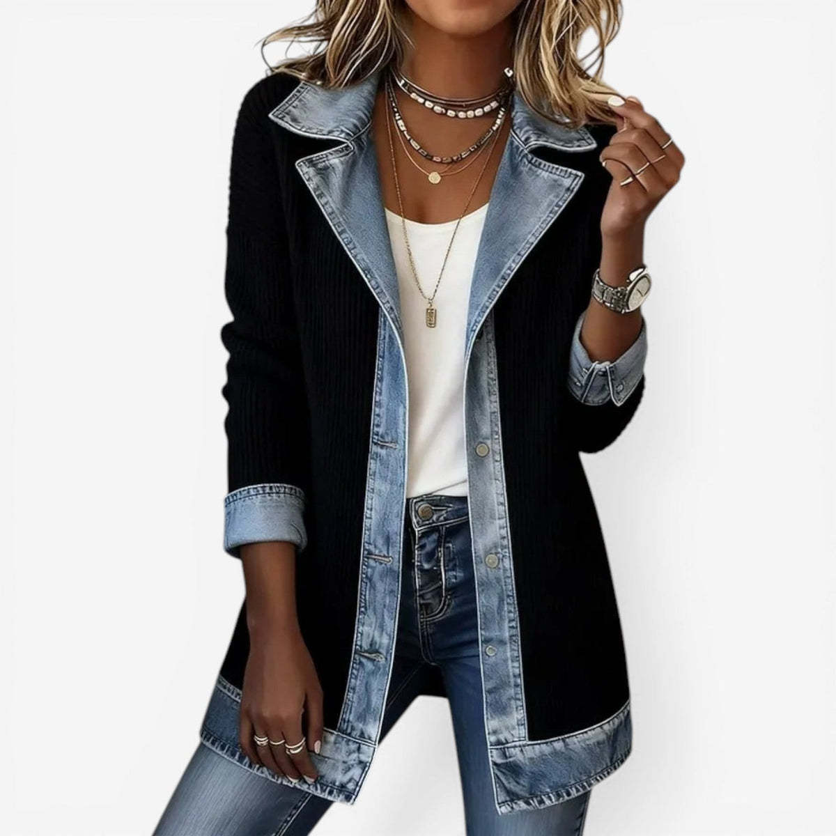 Ariel | Knit Jacket With Denim-Inspired Collar
