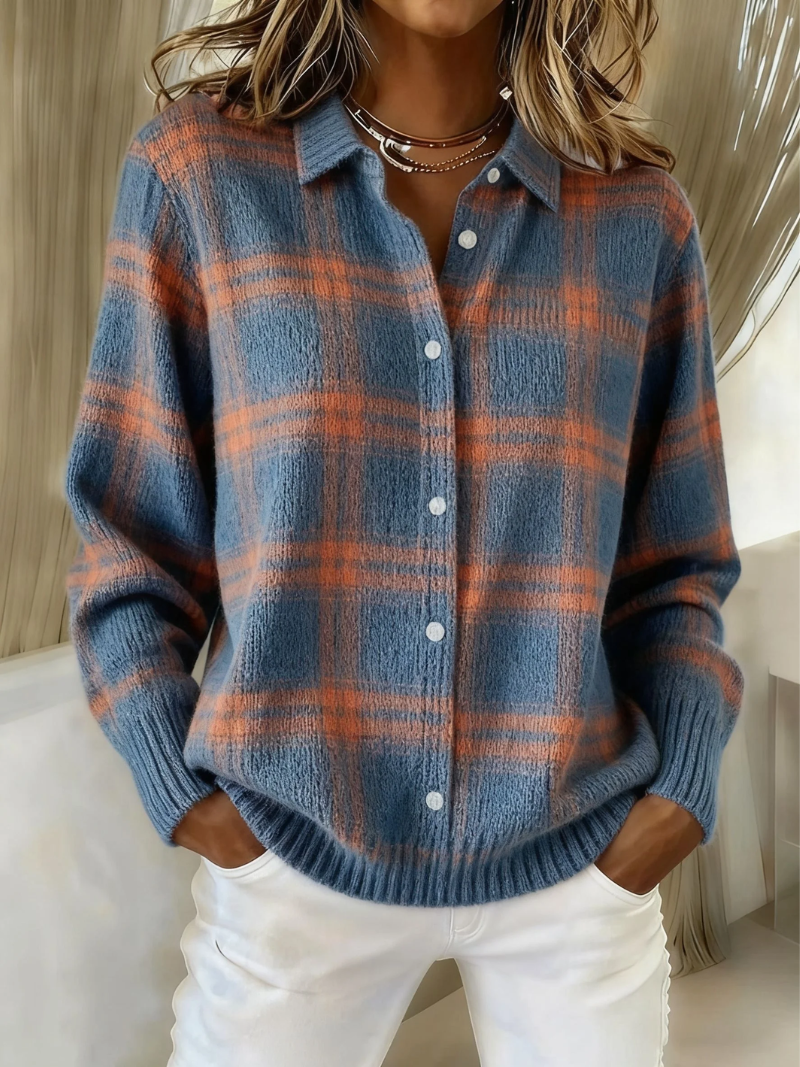 Lucille | Checked Knit Cardigan With Shirt Collar