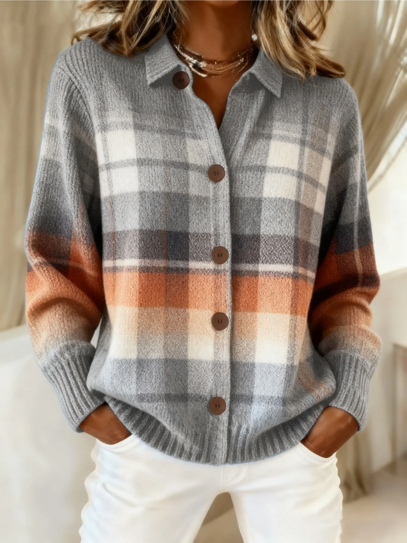 Lucille | Checked Knit Cardigan With Shirt Collar