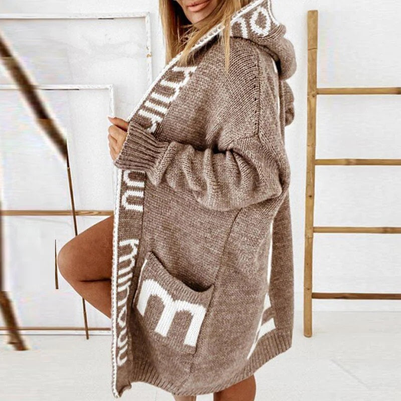 Megan | Hooded Long Cardigan With Letter Print
