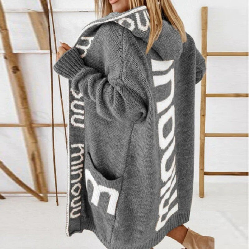 Megan | Hooded Long Cardigan With Letter Print