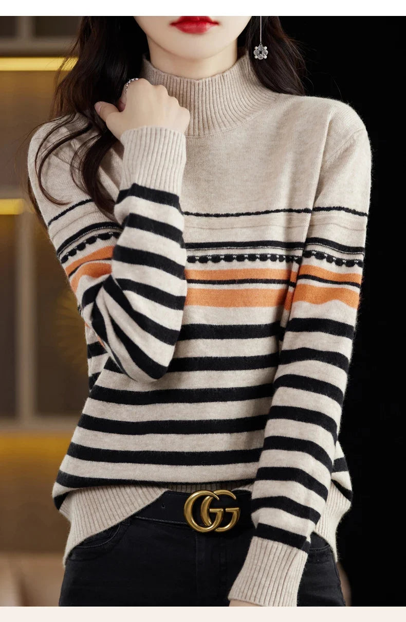 Rowena | Striped Wool-Blend Sweater With High Collar