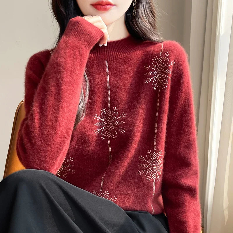 Lorna | Mock Neck Knit Sweater With Snowflake Shimmer