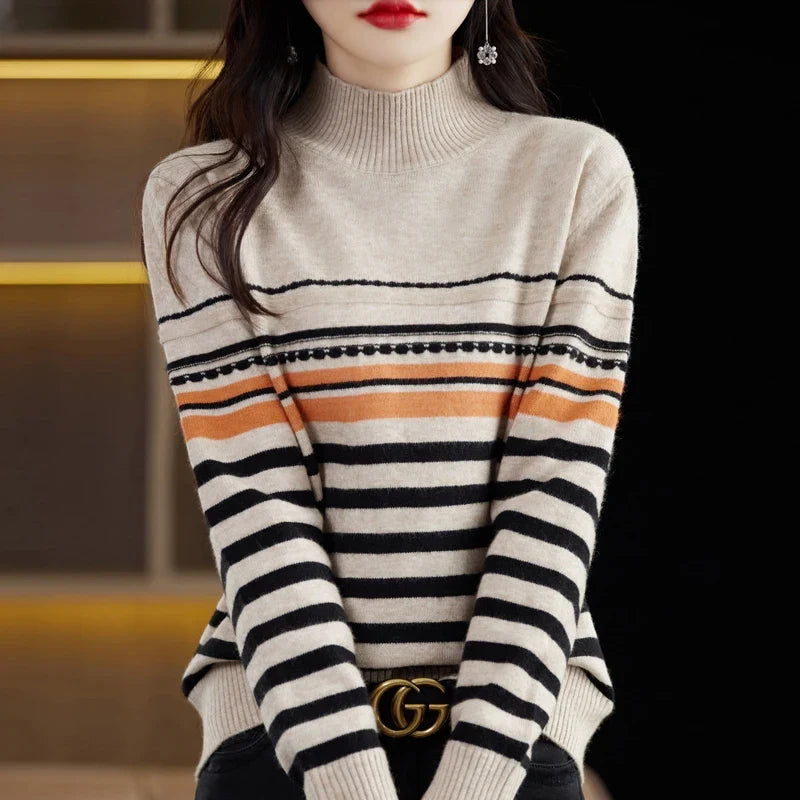 Rowena | Striped Wool-Blend Sweater With High Collar