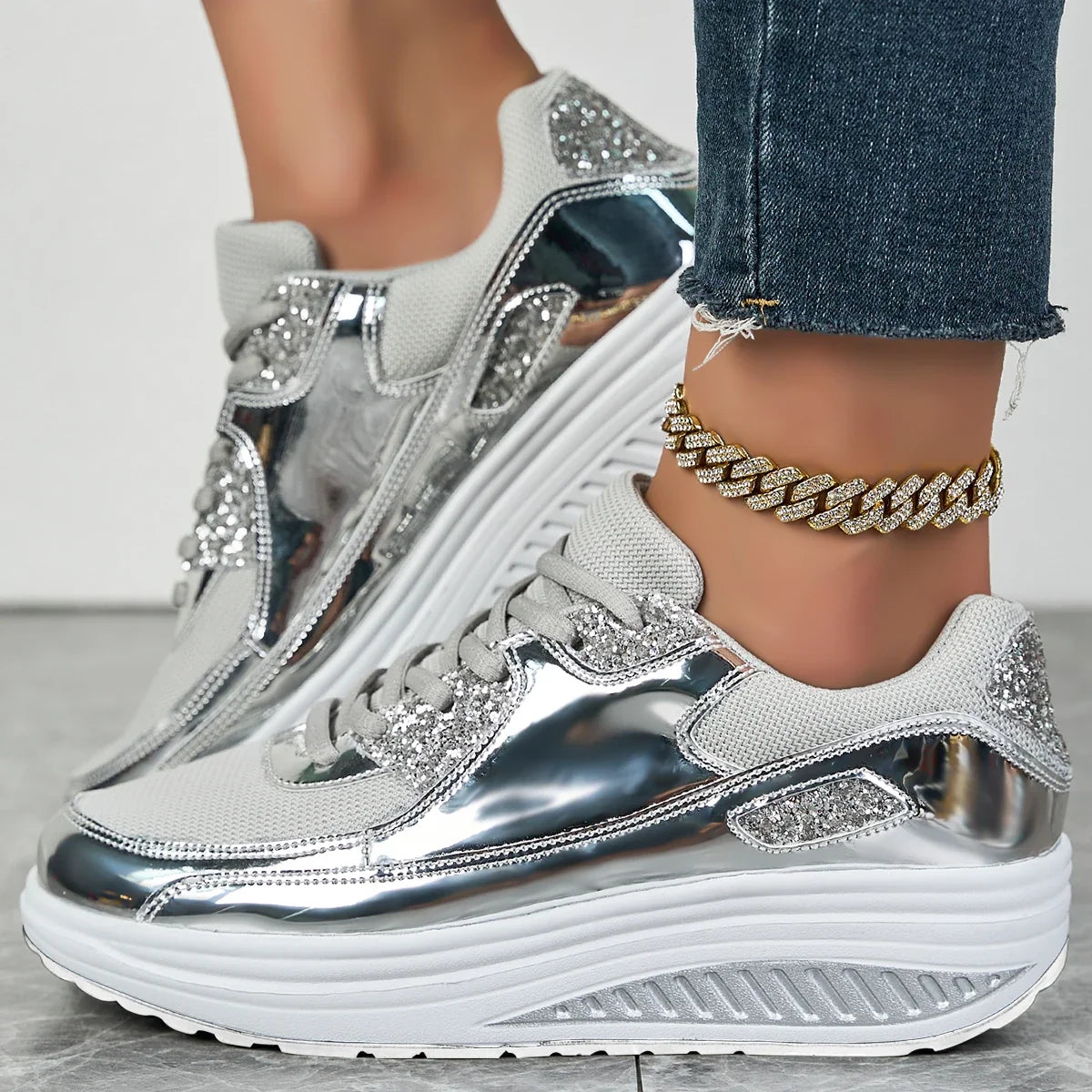 Esmeralda | Metallic Lace-Up Sneakers With Platform Sole