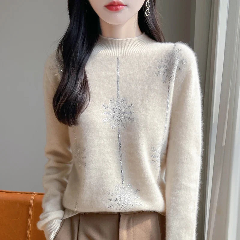 Lorna | Mock Neck Knit Sweater With Snowflake Shimmer