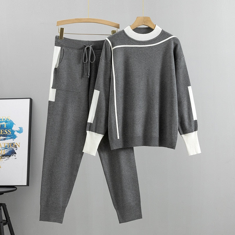 Juno | Knit Sweater And Jogger Set With Contrast Trim