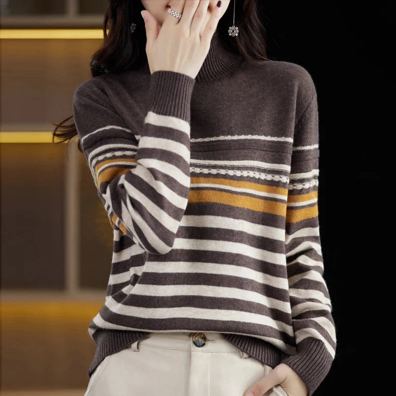 Rowena | Striped Wool-Blend Sweater With High Collar