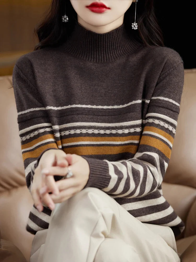 Rowena | Striped Wool-Blend Sweater With High Collar
