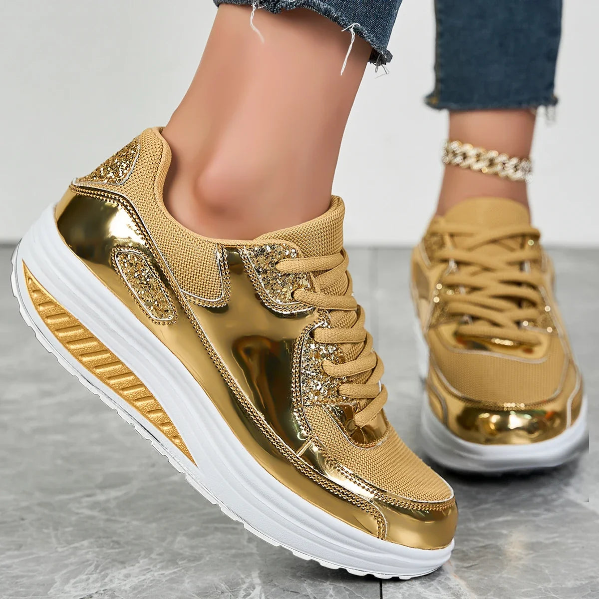 Esmeralda | Metallic Lace-Up Sneakers With Platform Sole