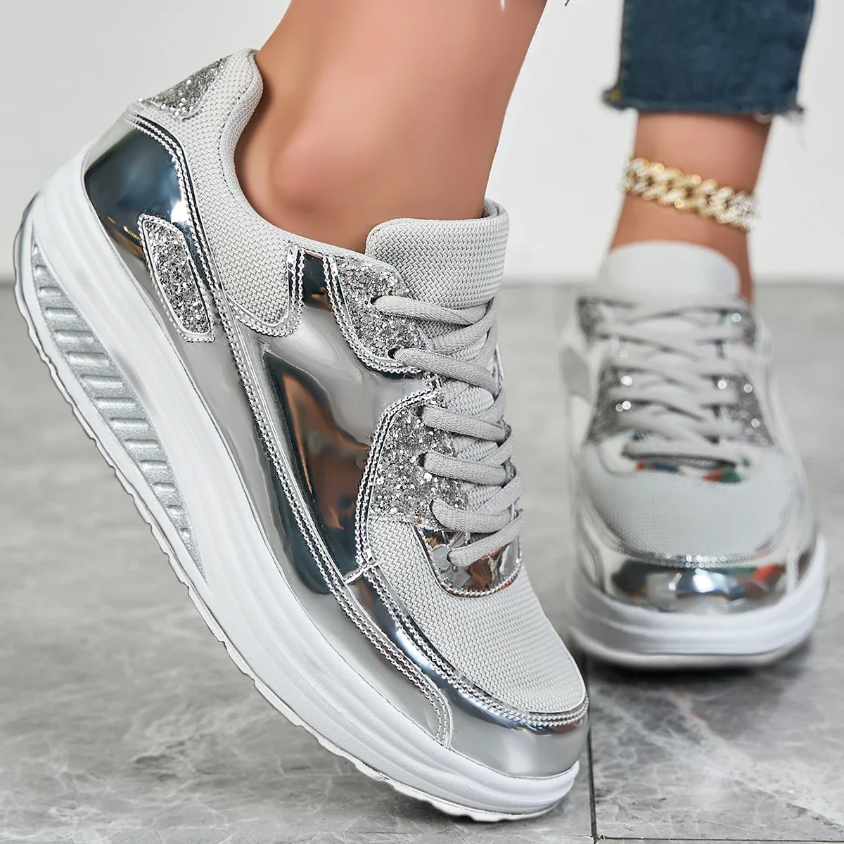 Esmeralda | Metallic Lace-Up Sneakers With Platform Sole