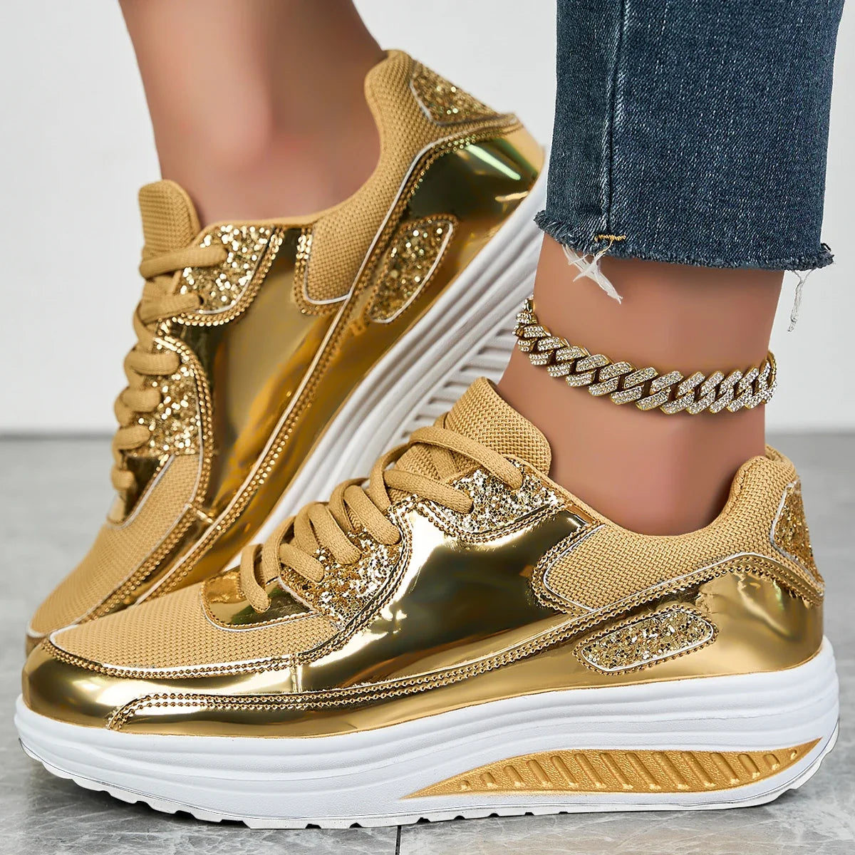 Esmeralda | Metallic Lace-Up Sneakers With Platform Sole