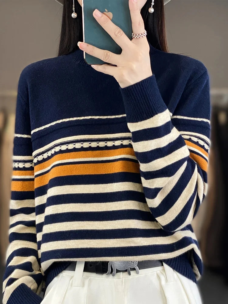 Rowena | Striped Wool-Blend Sweater With High Collar