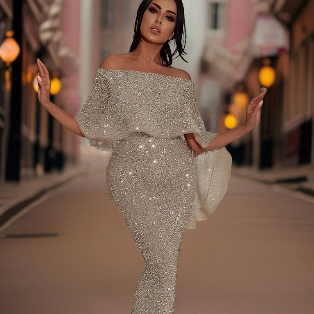 Elsie | Shimmering Off-Shoulder Maxi Dress With Ruffles