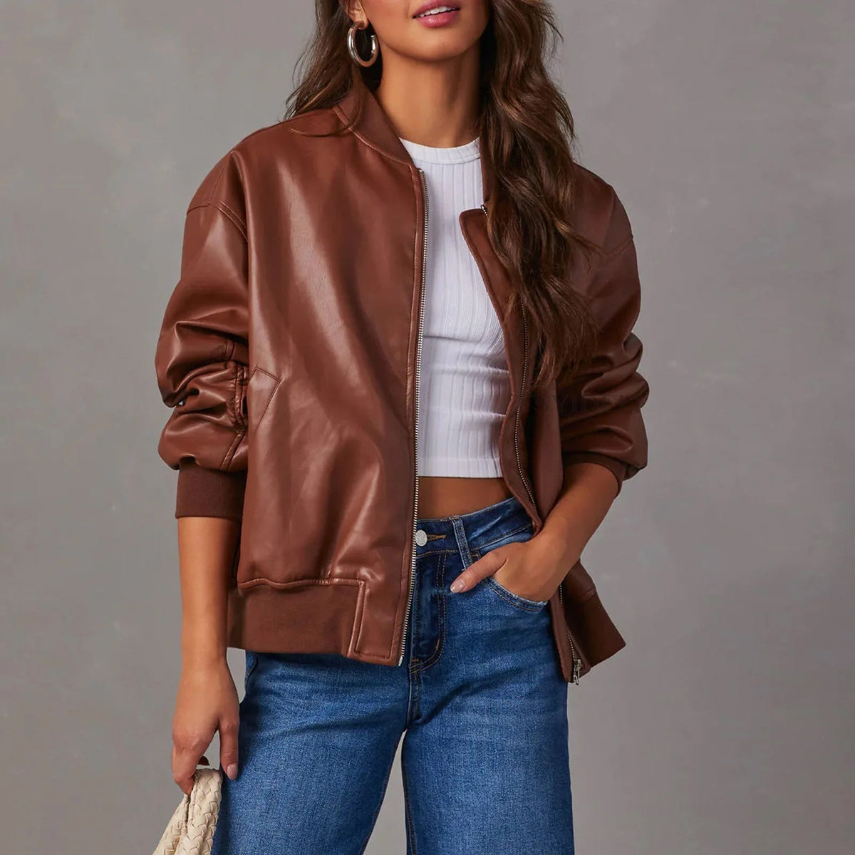 Amanda | Faux Leather Bomber Jacket With Zip