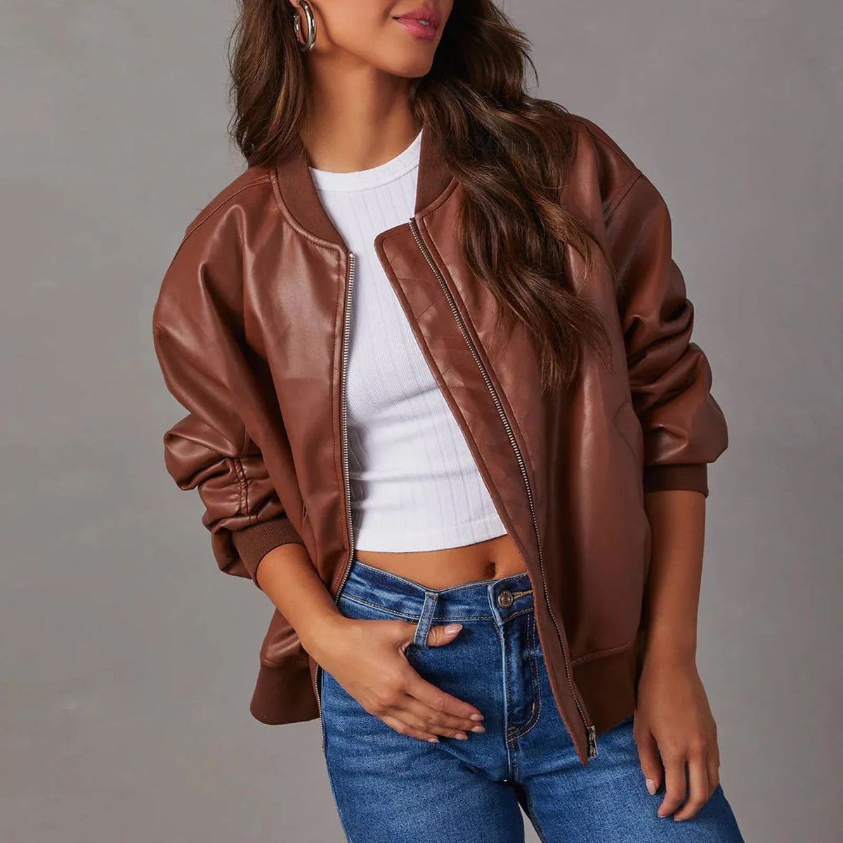 Amanda | Faux Leather Bomber Jacket With Zip