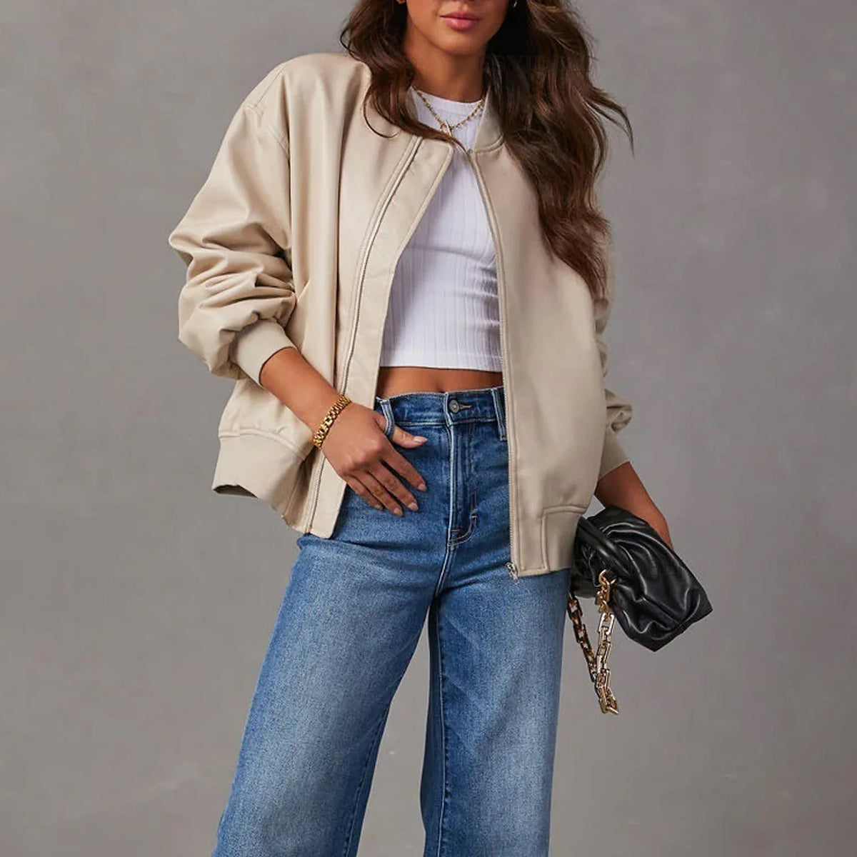 Amanda | Faux Leather Bomber Jacket With Zip