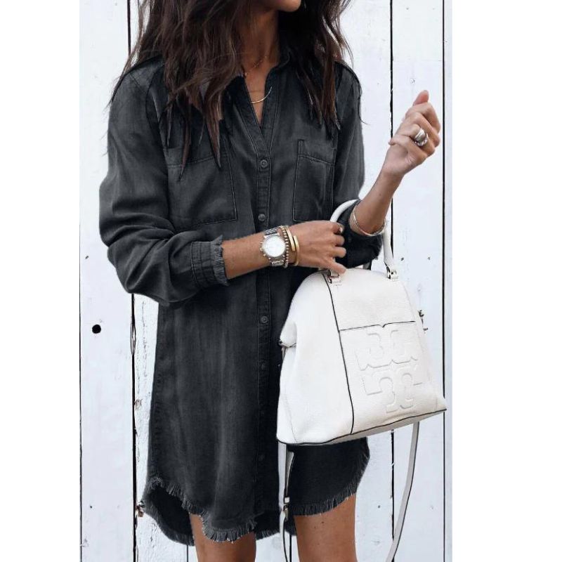 Maureen | Denim Shirt Dress With Frayed Hem
