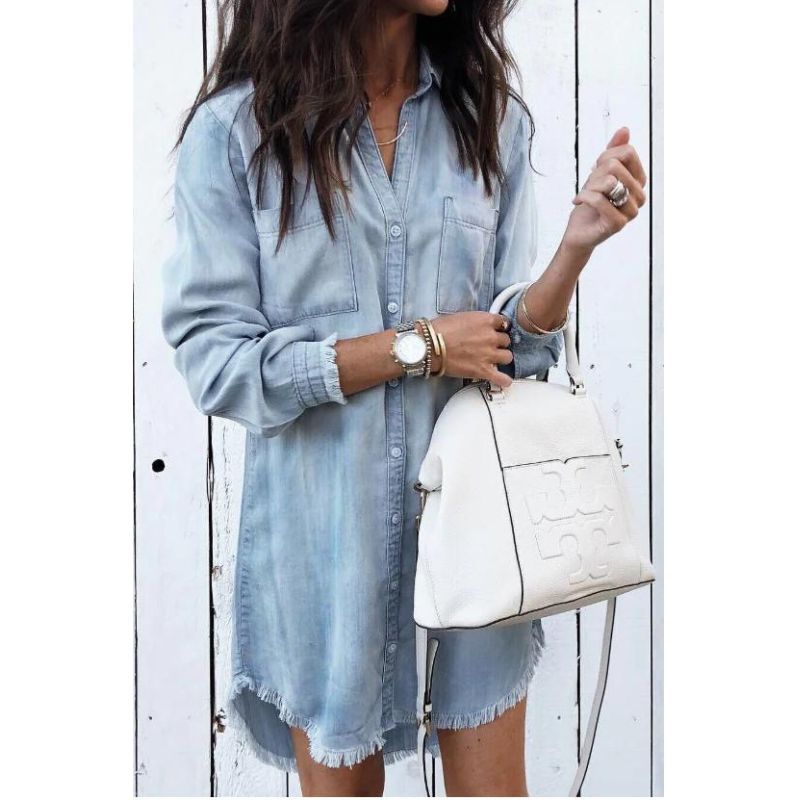 Maureen | Denim Shirt Dress With Frayed Hem