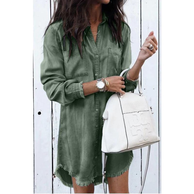 Maureen | Denim Shirt Dress With Frayed Hem
