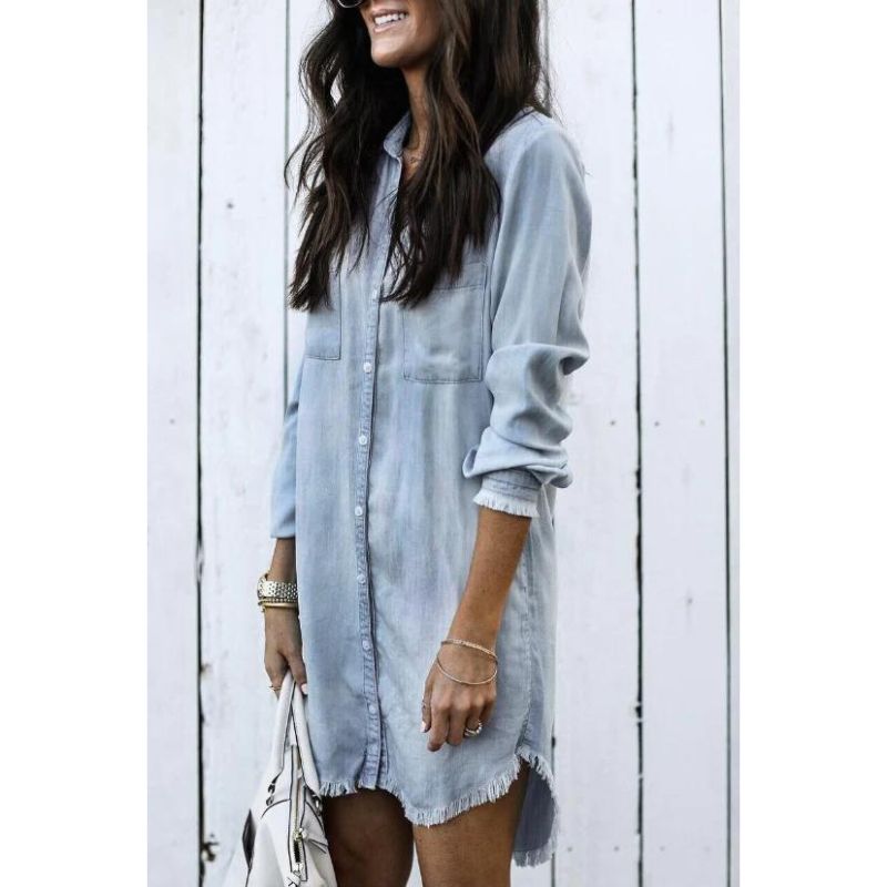 Maureen | Denim Shirt Dress With Frayed Hem