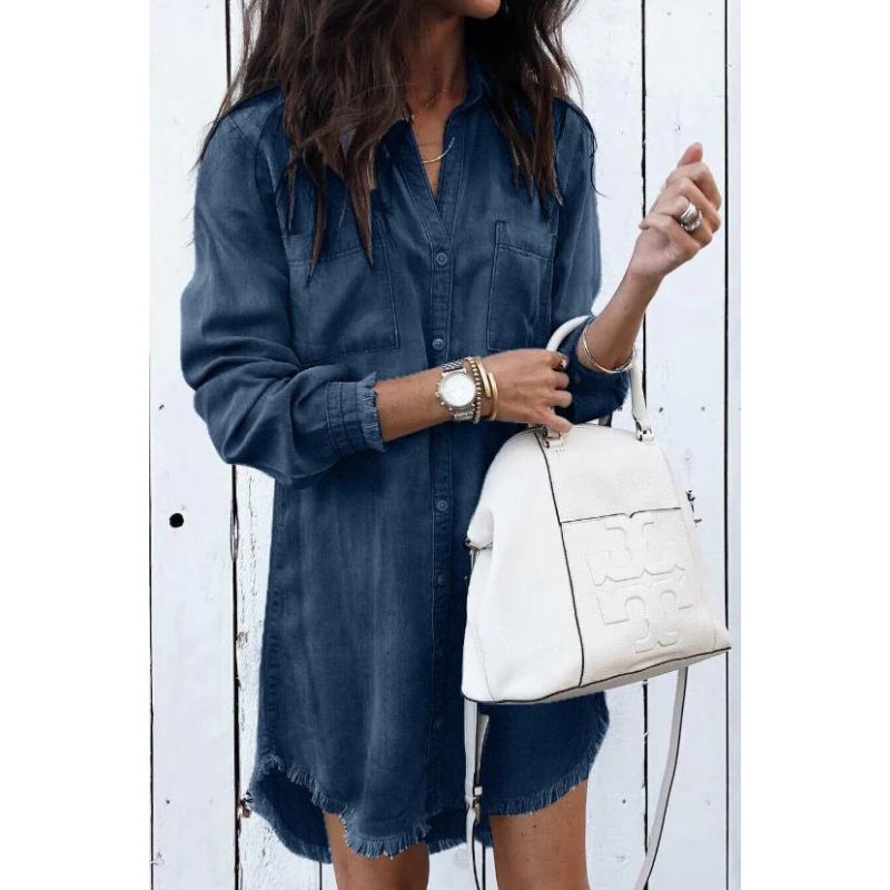 Maureen | Denim Shirt Dress With Frayed Hem