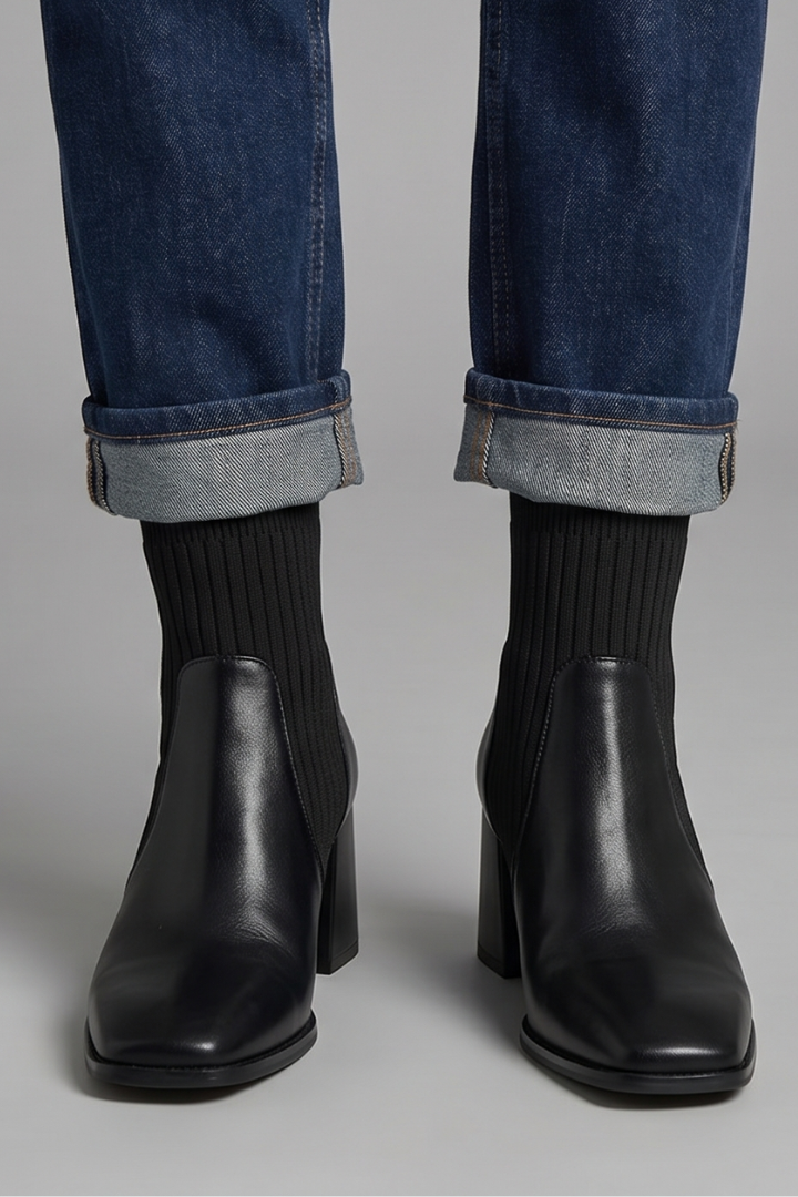 Regina | Knit Shaft Ankle Boots With Block Heel