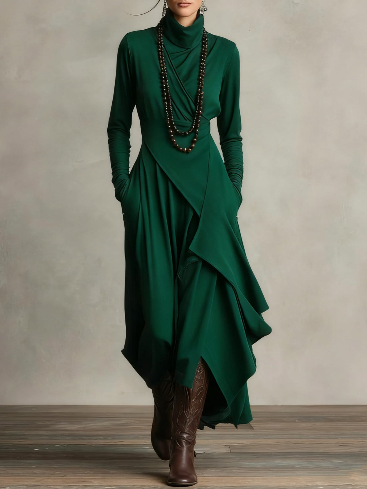 Sage | High Neck Maxi Dress With Flowing Layers