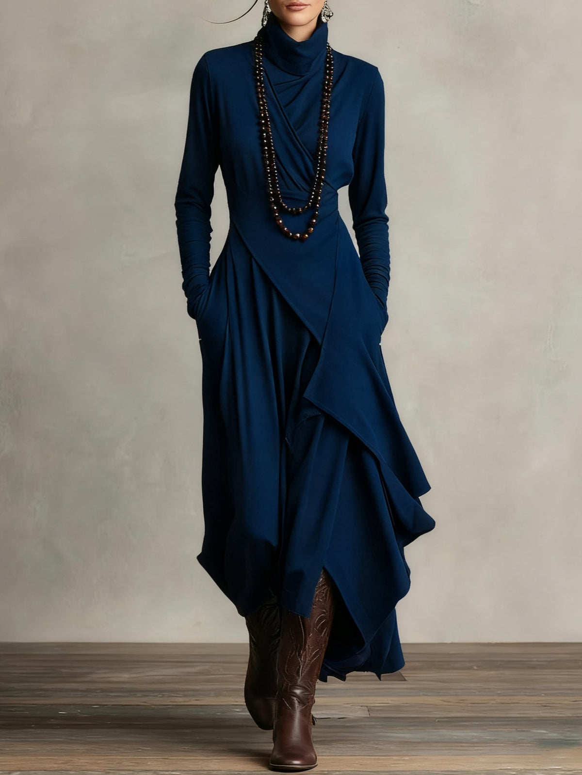 Sage | High Neck Maxi Dress With Flowing Layers