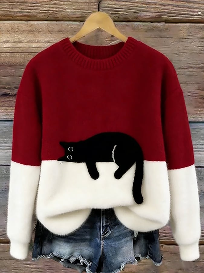 Darcy | Color-Block Sweater With Cat Motif