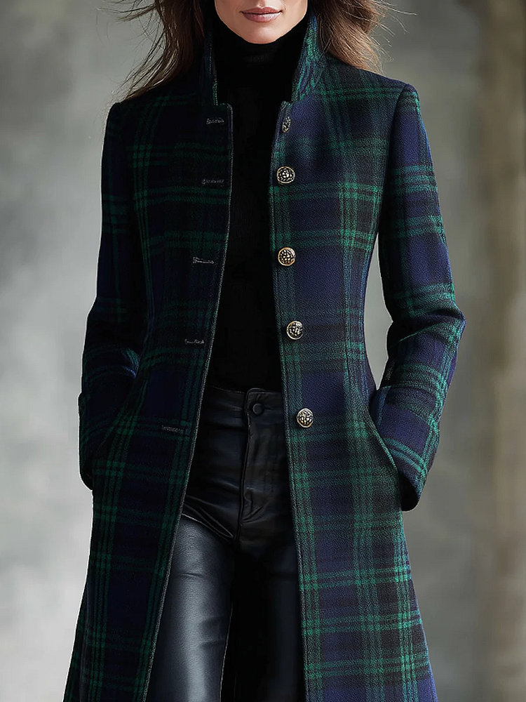 Alessandra | Plaid Midi Coat With High Collar