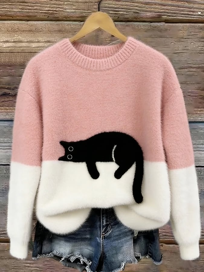 Darcy | Color-Block Sweater With Cat Motif