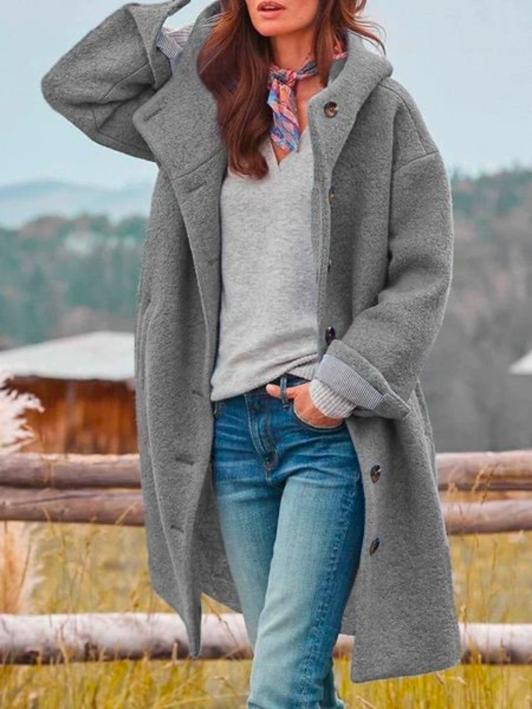 Andrea | Textured Hooded Coat With Button Front