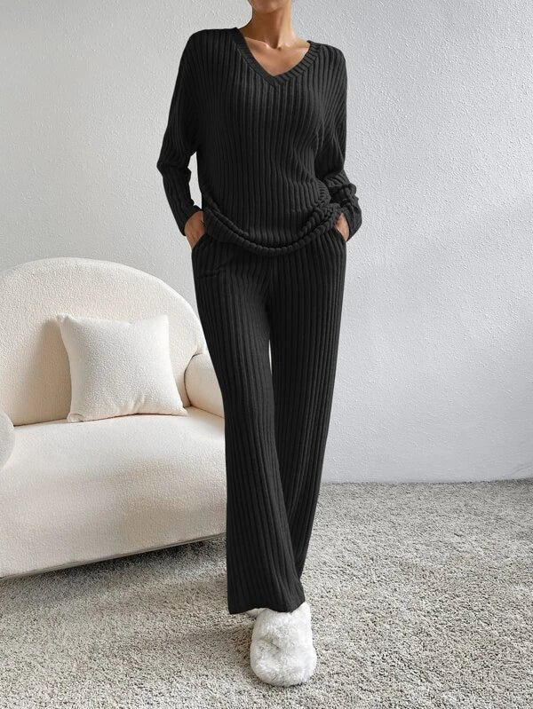 Petra | Ribbed Knit V-Neck Sweater And Pants Set