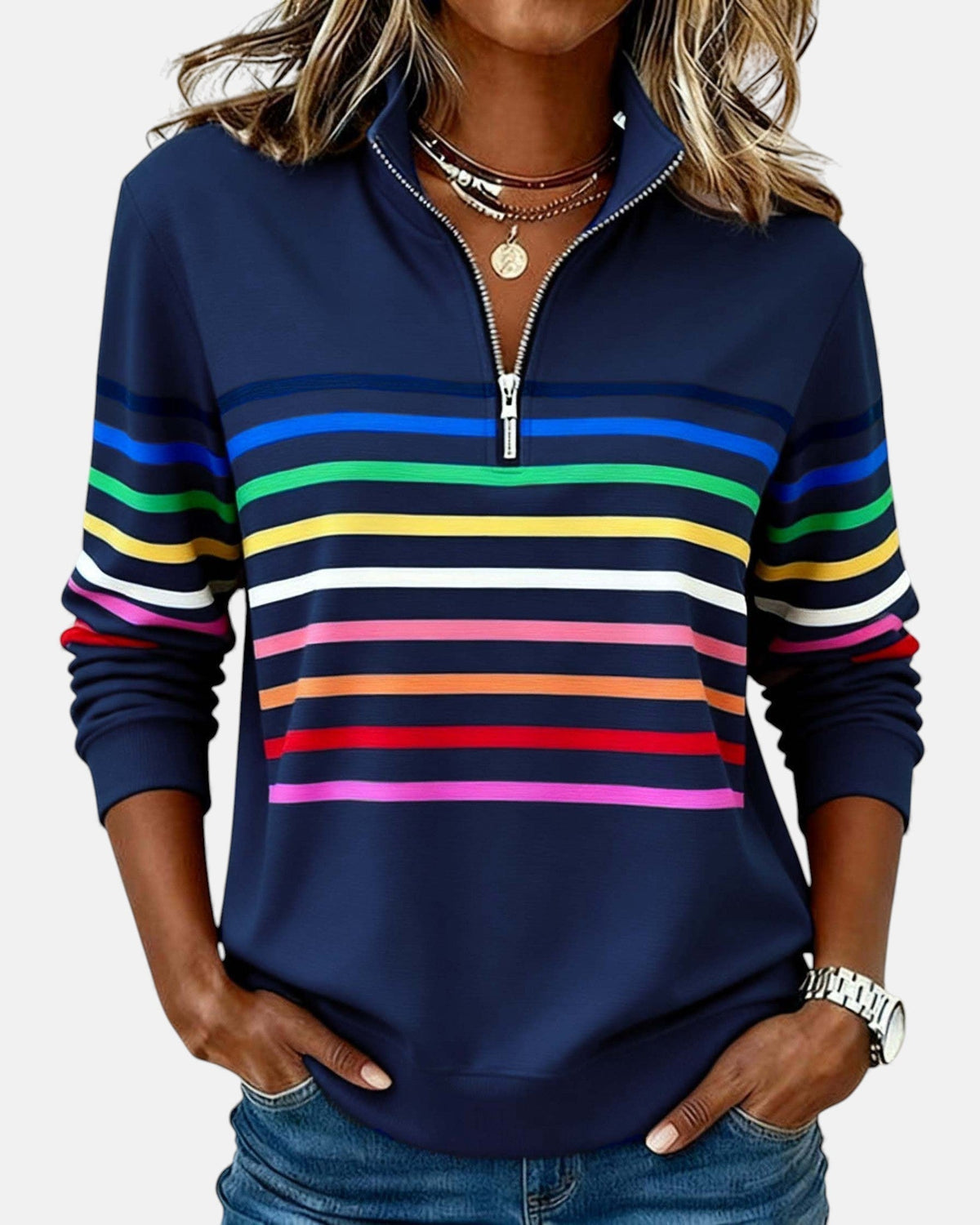 Emma | Striped Half-Zip Sweatshirt With Stand Collar