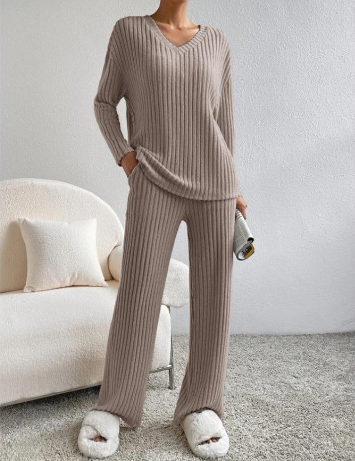 Petra | Ribbed Knit V-Neck Sweater And Pants Set