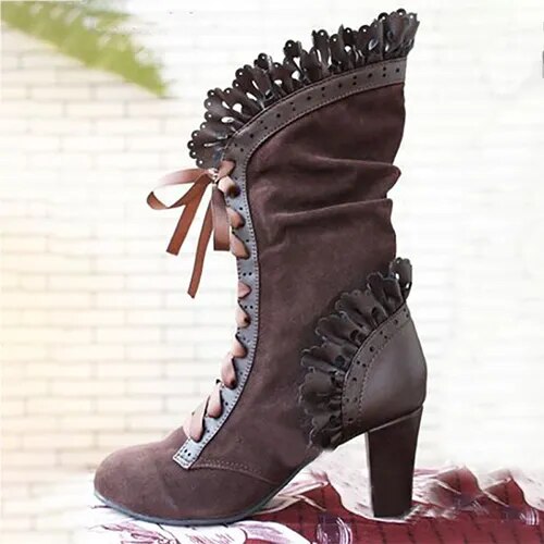 Greta | Lace-Up Block Heel Boots With Ruffle Trim