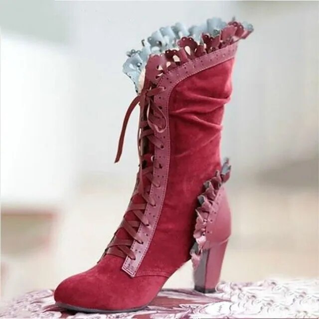Greta | Lace-Up Block Heel Boots With Ruffle Trim